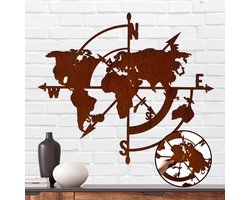 Stalen design kompas wereldkaart zwart Made in Germany foto decoratie metaal roos natuur wanddecoratie deco metalen muur afbeelding, deco woonkamer muurschildering slaapkamer industrieel