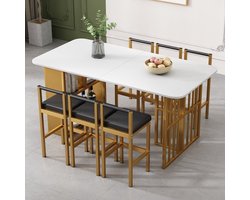 stalen frame keuken tafel, moderne eettafel, Familie eettafel stoel set, 1 eettafel, 6 stoelen,rechthoekige eettafel, eettafel stoelen, Wit en goud