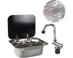 Stalen Handbak Wastafel Met Kraan Met Gevouwen Kraan Gehard Glazen Deksel Busje Camper Trailer Accessoires Voor Rv Caravan Of Boot
