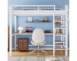 Stalen Hoogslapers - Stapelbed met Bureau en Planken - 90x200 cm - Met Ladder en Veiligheidshek - Wit/Naturel