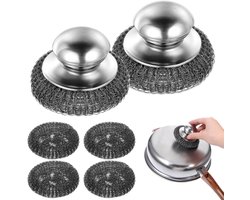 Stalen Schotel Scrubber met Handvat - 2 Stks - Roestvrij Staal Wol Scrubber - Inclusief 4 Stks Vervangende Draad Pads - Metalen Scrubber voor Potten - Geen Handletsel