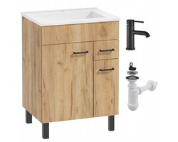 STAMAR - Badkamerkast 60 cm met keramische wastafel en zwarte kraan - Staand badkamermeubel - Eiken craft goud - Onderkast met 2 deuren en lade