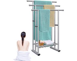 Stand Alone Badkamer Handdoekenrek, Vloerstaande Handdoekhouder met Mand, 3-laags Deken Droogrek Grijze Badhanddoeken en Quilt Opbergstandaard Organizer, In hoogte verstelbaar (Grijs)