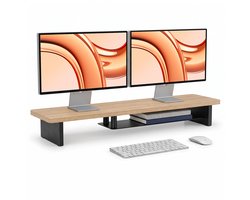 Stane Monitor standaard – Monitor Verhoger – Beeldschermverhoger – Extra Breed 107 cm – Geschikt voor 1 of 2 Schermen – Monitorverhoger met Opbergruimte voor Toetsenbord – Laptop Standaard – Desk Shelf – Bureau Organizer – Hout met Zwart Staal