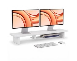Stane Monitor standaard – Monitor Verhoger – Beeldschermverhoger – Extra Breed 107 cm – Geschikt voor 1 of 2 Schermen – Monitorverhoger met Opbergruimte voor Toetsenbord – Laptop Standaard – Desk Shelf – Bureau Organizer – Wit