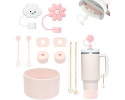 Stanley Drinkfles, 11 stuks, inclusief 6 Stanley-lekbescherming, 2 siliconen drinkrietjesdeksels, 2 accessoires voor aanhanger, 1 siliconen manchet voor (roze)
