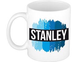 Stanley naam cadeau koffie mok - beker - met blauw verfstrepen - Cadeau collega - vaderdag - verjaardag - meester - coach - 300 ml - wit