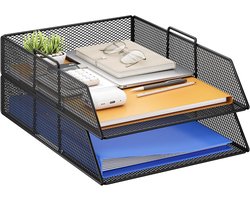 Stapelbare bureau-organizer met 2 niveaus, multifunctionele papier- en documentenhouder voor een opgeruimd bureau, zwart