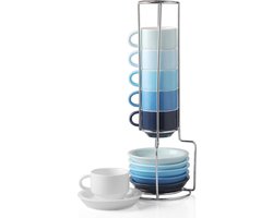 Stapelbare demitasse kopjes en schotels van porselein - set van 6 - 70 ml - metalen standaard - voor latte, koffie, café, mokka, thee - vergelijkbare kleur koffiekopjes set van 6