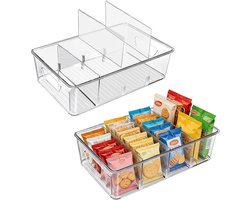 Stapelbare opbergbakken met 4 vakken voor de voorraadkast, transparante plastic opbergbakken met verwijderbare tussenschotten, geschikt voor het organiseren van voorraadkast, kantoor, keuken, kast en koelkast, set van 2