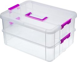 Stapelbare opbergdoos met 2 niveaus - Plastic verstelbare opbergcontainers - Draaggreep - Transparant - Organizer voor kunst en handwerk speelgoed - Naaiaccessoires - Paars transparent box