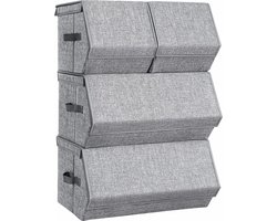 Stapelbare opbergdoos met deksel, set van 4, speelgoed organizer, metalen frame, magnetische sluiting, voor kleding, speelgoed en boeken, grijs RLB22GY