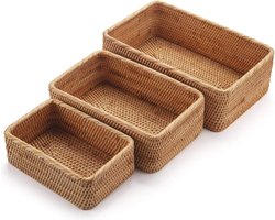 Stapelbare Rechthoekige Rotan Opbergmanden - Geweven Rieten Dozen - Sleutelhouder voor Keukenkasten en Plank - Natuurlijke Set van 3 Wicker Storage Basket (2-5)