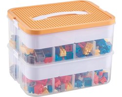 Stapelbare Speelgoedblokken Opbergdoos, Geschikt voor bouwstenen, Met Deksel, Opbergcontainer Met Handvat En Verstelbare Scheidingsplanken , 2 Lagen, Oranje