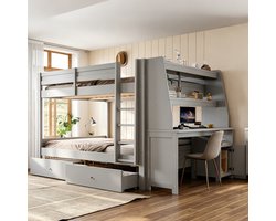 Stapelbed - 140 x 200 cm - Grijs - hout - Bureau - Lades - Opbergruimte