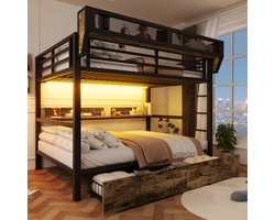 Stapelbed 140 x 200 cm, Kinderbed Ijzeren Bedframe, Plank, Opbergmand, 2 Binnenlades, Ledverlichting, Hoogslaper Zonder Matras-Zwart