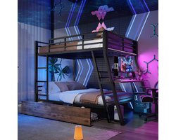 Stapelbed 140 x 200 cm met LED Verlichting - IJzeren Frame - Hoogslaper met Bureau - Kinderbed met 2 Lade - Metalen Bed met Geïntegreerde Opbergruimte - Zonder Matras - Geschikt voor Volwassenen en Kinderen