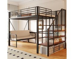 Stapelbed (140 x 200 cm) met stevig metalen frame, hoogslaper met afneembare gestoffeerde bank, opbergruimte en veiligheidsladder. Geschikt voor kinderen, tieners en volwassenen, zwart