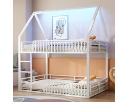 Stapelbed - 140x200 cm - Huisvorm met Hekwerk - LED - Metaal - Wit