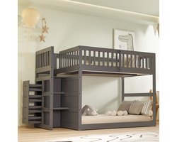 Stapelbed 140x200 cm - Massief grenenhout + MDF - 4 opbergladen - Laag design - Hoge veiligheid - Ruimtebesparend - Elegante grijze afwerking