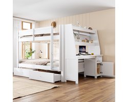 Stapelbed 140x200 cm - Met Opbergruimte - Met Bureau - Met Kledingkast - Wit