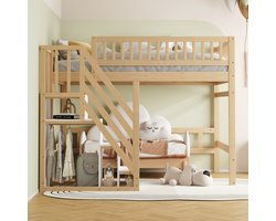 Stapelbed 140x200 cm - met trap met opbergkast - hoge reling - kinderbed - houtkleur - zonder matras