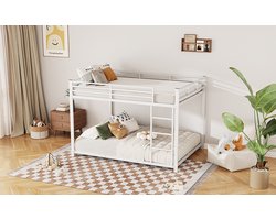 Stapelbed - 140x200 Cm Wit Met Hoge Reling En Stevig Metalen Frame - Klassiek Ijzeren Stapelbed