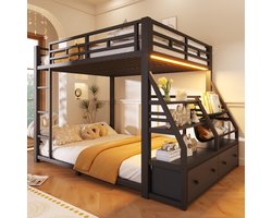 Stapelbed (140x200cm), Eenpersoonsbed, Hoogslaper Met Opbergruimte, Tienerhoogslaper - Kinderhoogslaper, Metalen Stapelbed Met Ledverlichting En 2 Stoffen Lades-Zwart