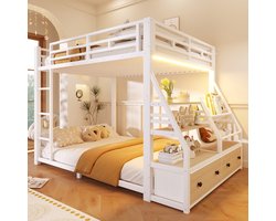 Stapelbed (140x200cm), Eenpersoonsbed, Hoogslaper Met Opbergruimte, Tienerhoogslaper - Kinderhoogslaper, Metalen Stapelbed Met Ledverlichting En 2 Stoffen Lades-Wit