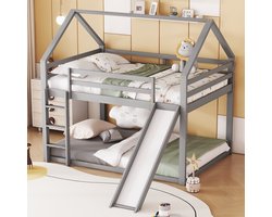 Stapelbed 140x200cm - kinderbed - huisbed - hoogslaper met glijbaan en ladder - grijs - zonder matras