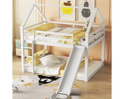 Stapelbed 140x200cm - kinderbed - huisbed - hoogslaper met glijbaan en ladder - wit - zonder matras