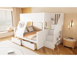 Stapelbed - 2-persoons Bed Met Trap En Opbergruimte - Boven 90x200, Onder 140x200 - Massief Grenen - Met Raam En Lades - Wit