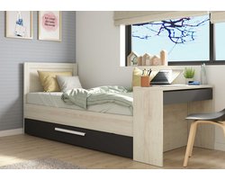 Stapelbed 2 x 90 x 200 cm - Met bureau - Kleur: naturel en antraciet - VOUANI L 237.5 cm x H 100.5 cm x D 98.7 cm