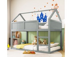 Stapelbed, 90 * 200 cm, laag stapelbed, hoogslaper met trap, massief houten frame, grijs