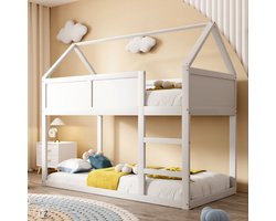 Stapelbed, 90 * 200 cm, laag stapelbed, hoogslaper met trap, massief houten frame, wit