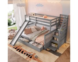Stapelbed 90 x 200 cm - 140 x 200 cm - met lades - opbergruimte en glijbaan - grijs - zonder matras