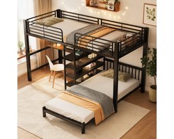 Stapelbed - 90 x 200 cm - 2 slaapplaatsen - met bureau - met opbergruimte - met USB en stopcontact - met trap - Zwart