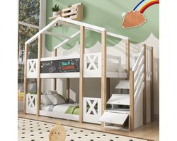 Stapelbed - 90 x 200 cm - Boomhut met Opbergtrap - Uitvalbeveiliging - Hout - Natuur en Wit