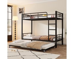 Stapelbed - 90 x 200 cm en 190 cm - Met Uitschuifbed - 4 Veiligheidshekken - IJzer - Zwart