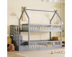 Stapelbed - 90 x 200 cm - Huisontwerp - Opbergtrap - Hout - Grijs