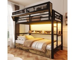 Stapelbed 90 x 200 cm, Kinderbed Ijzeren Bedframe, Plank, Opbergmand, 2 Binnenlades, Ledverlichting, Hoogslaper Zonder Matras-Zwart