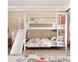 Stapelbed – 90 x 200 cm – met bedframe in de vorm van een huis – bedhekjes in de vorm van koekjes – glijbaan en extra brede veiligheidsladder – van hout – wit