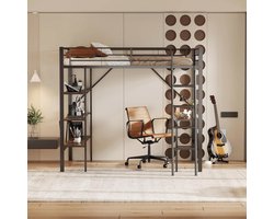Stapelbed 90 x 200 cm met bureau en opbergbaar voor kinderen en jongeren - Hoogslaper met metalen lattenbodem, zonder matras, zwart