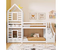 Stapelbed 90 x 200 cm met Hoektrap en Valbescherming - Hoogslaper voor Kinderen in Wit