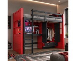 Stapelbed 90 x 200 cm - met ladder - opbergruimte en bureau - met kast en lade - kinderbed - rood-zwart