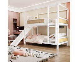Stapelbed - 90 x 200 cm - Naturel houtkleur / Wit - hout - Glijbaan