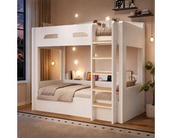 Stapelbed – 90 x 200 cm – USB-Aansluiting en Opbergvakken – Hout en MDF – Wit – Twee Slaapplaatsen
