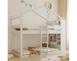 Stapelbed 90×200 cm, beide verdiepingen met opbergruimte, voldoet aan de norm EN747, met lattenbodem, jeugdbed, eenpersoonsbed, grenenhout, wit (lattenbodem alleen op de bovenste verdieping)