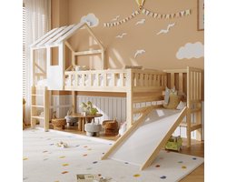 Stapelbed 90x190 cm - Kinderstapelbed - Hoogbed voor Kinderen - Huisbed met Verticale Ladder En Glijbaan - Massief Hout - Met Valbeveiliging - Huisjesstijl met ramen - Veiligheid En Comfort - Excl. Matras - Natuurlijk + Wit