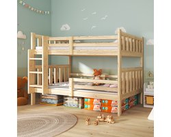 Stapelbed 90x190 cm - Kinderstapelbed - Hoogbed voor Kinderen - Met Twee Separaate Eenpersoonsbedden - Massief Hout - Met Rechte 3-Traps Ladder en Leuning - Met Opbergruimte onder Het Bed - Veiligheid En Comfort - Natuur